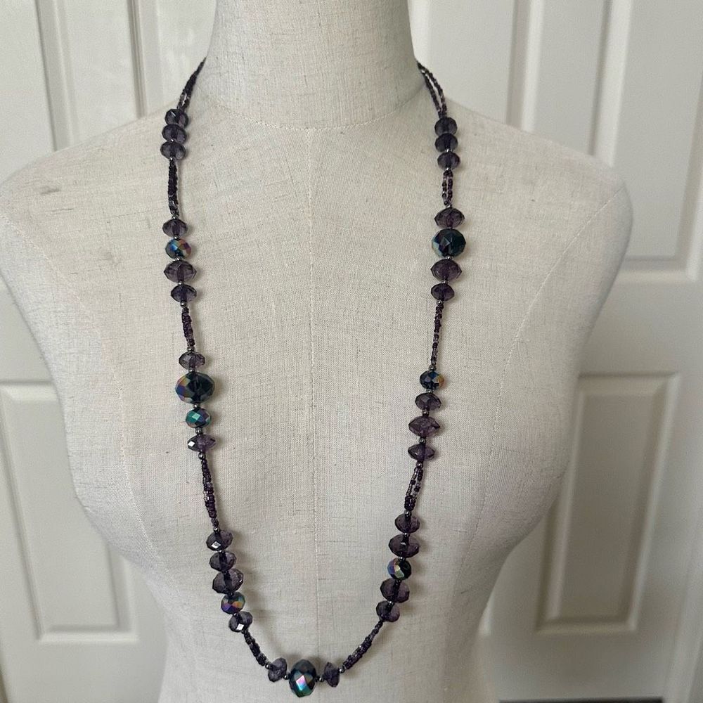 Purple crystal long beaded necklace